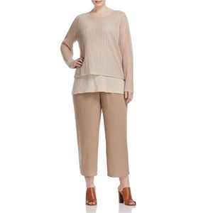 Eileen Fisher Layered Linen Long Sleeve Knit Top Sweater Medium Tan Beige